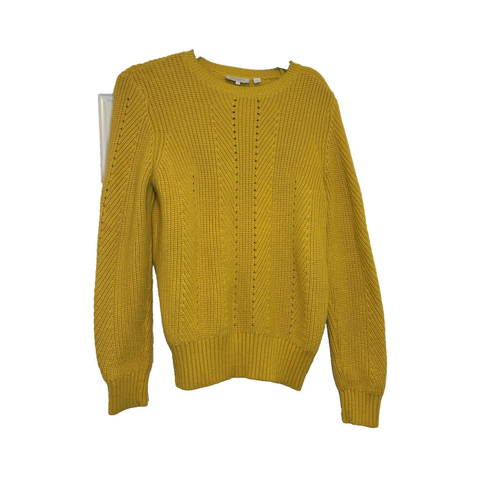 Ted Baker sz 3 yellow ribbed knit sweater gold buttons shoulder long sleeve#3068